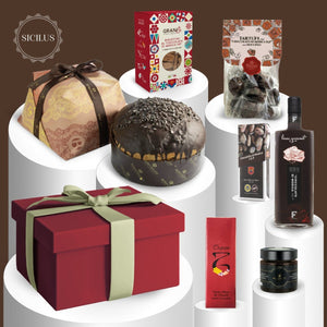 Cesto Natalizio "Modica Cioccolato" con specialità siciliane, elegantemente confezionato, ideale per regali aziendali