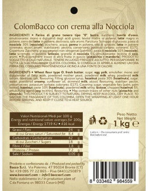 etichetta con ingredienti etichetta Colomba Colombacco retro' alla Nocciola prodotta da Bacco , Sicilus Shop