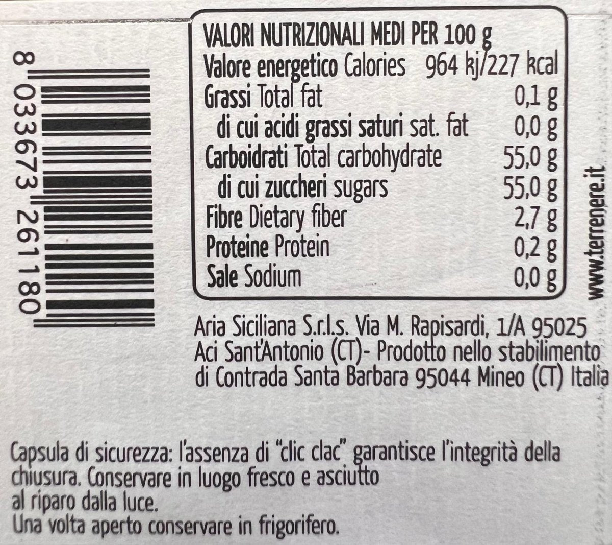 Valori Nutrizionali di Confettura extra di Pere coscia e Miele di Zagara