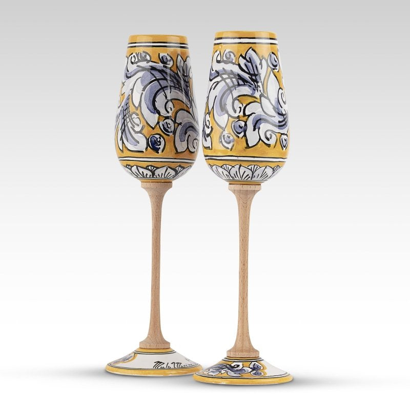 Coppia Flute Ornato Giallo Blu MuloMerrino in ceramica di Caltagirone