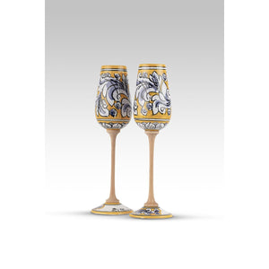 Coppia Flute Ornato Giallo Blu MuloMerrino in ceramica di Caltagirone
