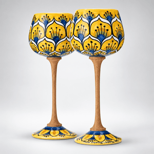 Pereche Special Riserva MuloMerrino, pahare de degustare cu picior cu decor Pavone galben