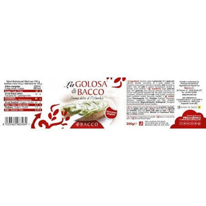 etichetta della crema al pistacchio la golosa di bacco, 200 grammi