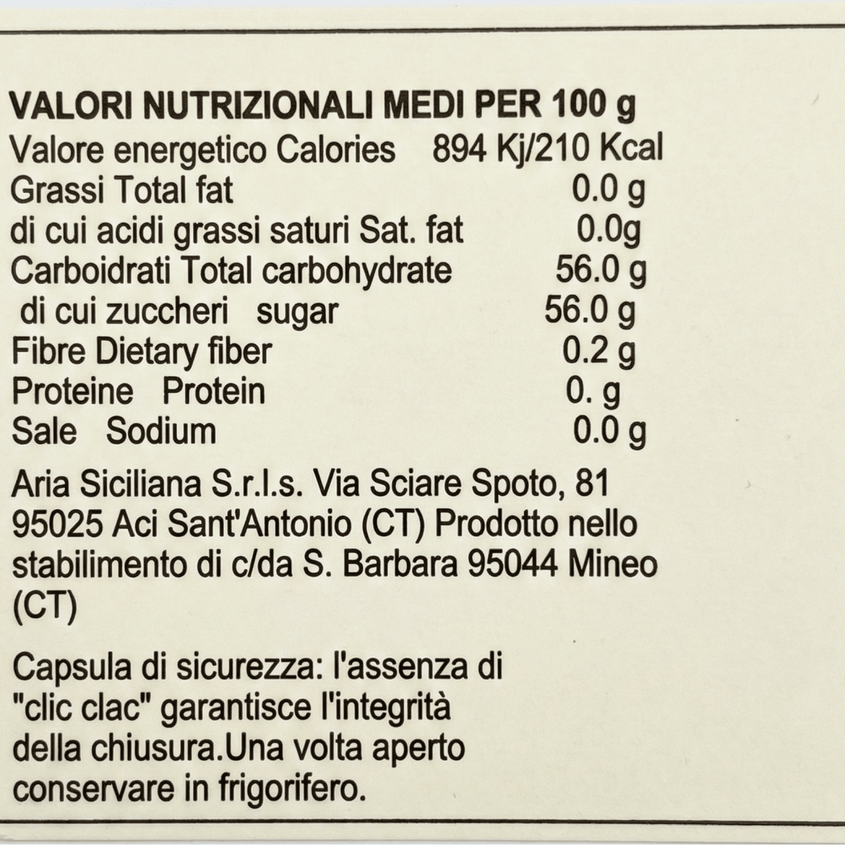 Valori nutrizionali di marmellata di Cedri e menta, Terre Nere