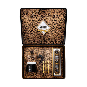 Set regalo originale Leopardo Bialetti Dolce&Gabbana con Moka 3 tazze, 3 bicchierini e 3 palettine