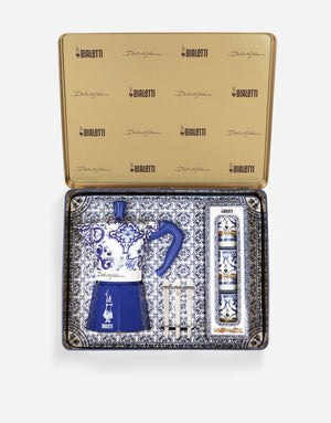 Box aperta Bialetti Dolce&Gabbana Blu Mediterraneo 6 tazze con 3 bicchierini e palettine