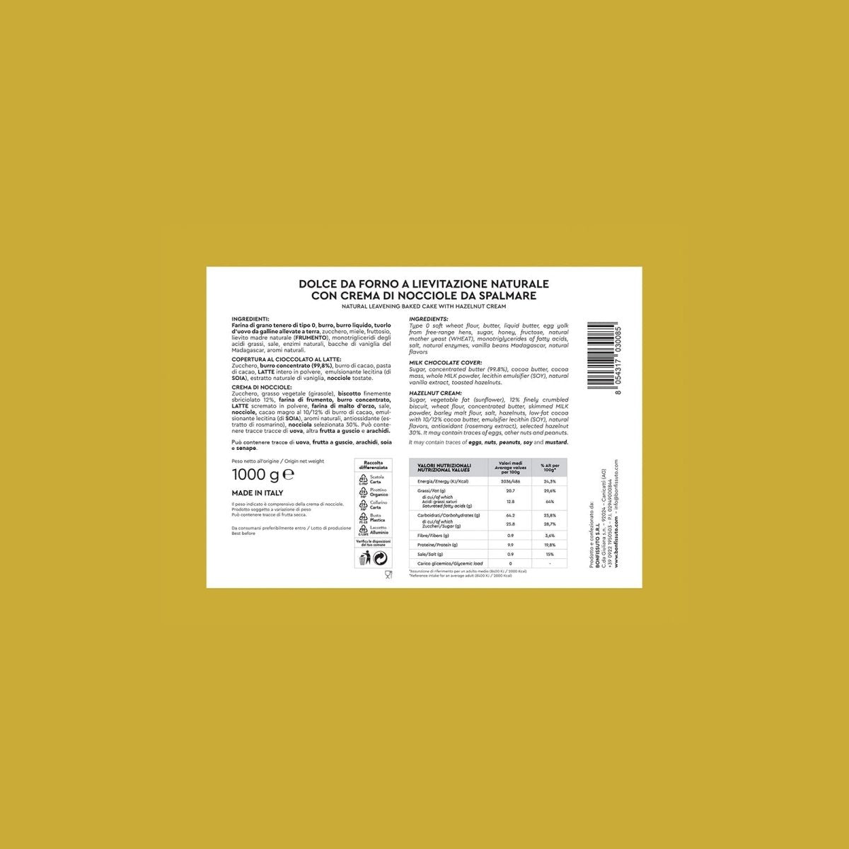 etichetta di Colomba Bonfissuto alle Nocciole con vasetto di crema da spalmare