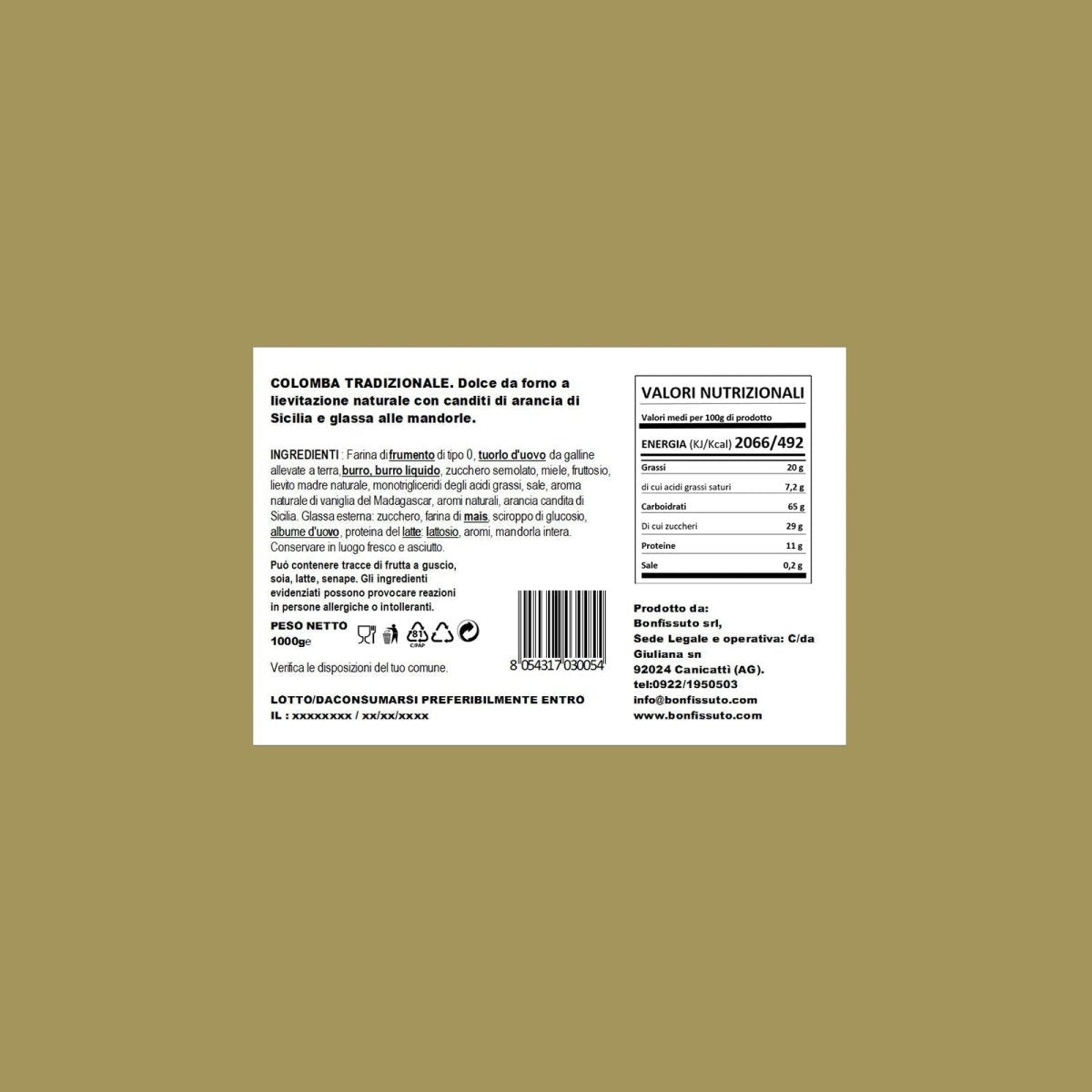 Etichetta per Colomba Pasquale Tradizionale senza uvetta, Bonfissuto