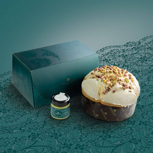 Panettone artigianale al Pistacchio Bonfissuto con Barattolo di crema al pistacchio da abbinare al panettone Bonfissuto