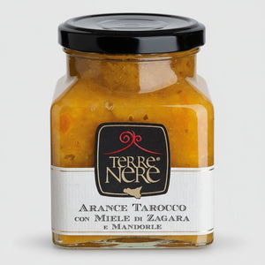 marmellata di arance tarocco con miele di zagara e mandorle, terre nere