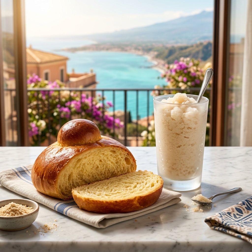 Brioche col tuppo siciliana con granita alla mandorla
