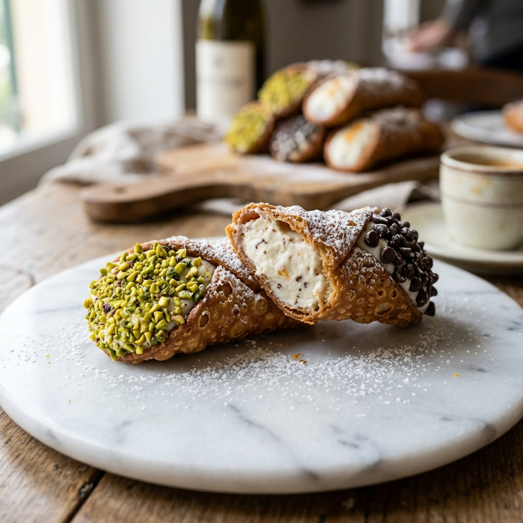 Cannolo siciliano con ricotta, pistacchio e cioccolato