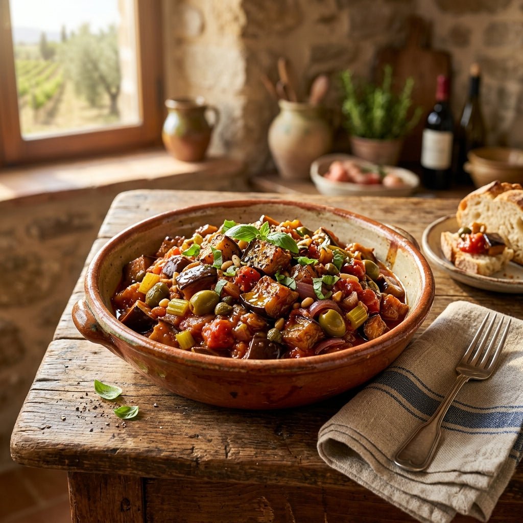 Caponata siciliana servita in ciotola di ceramica tradizionale