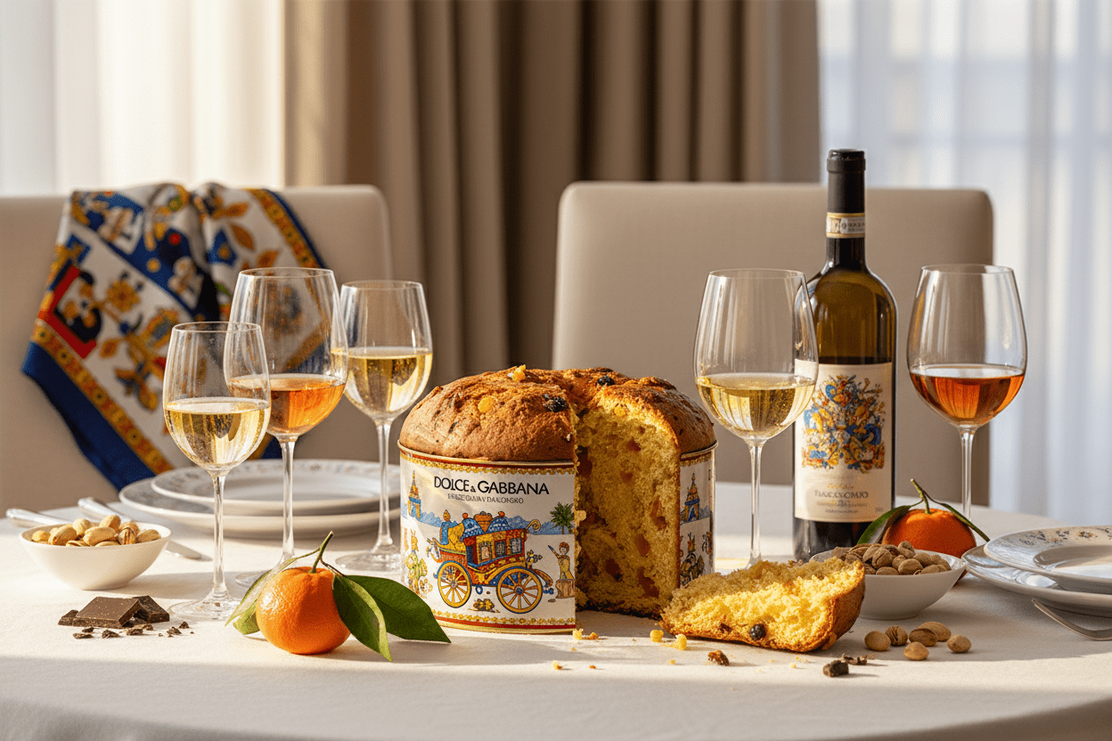 Panettone dolce gabbana fiasconaro con vino siciliano, agrumi e pistacchi su tavola elegante