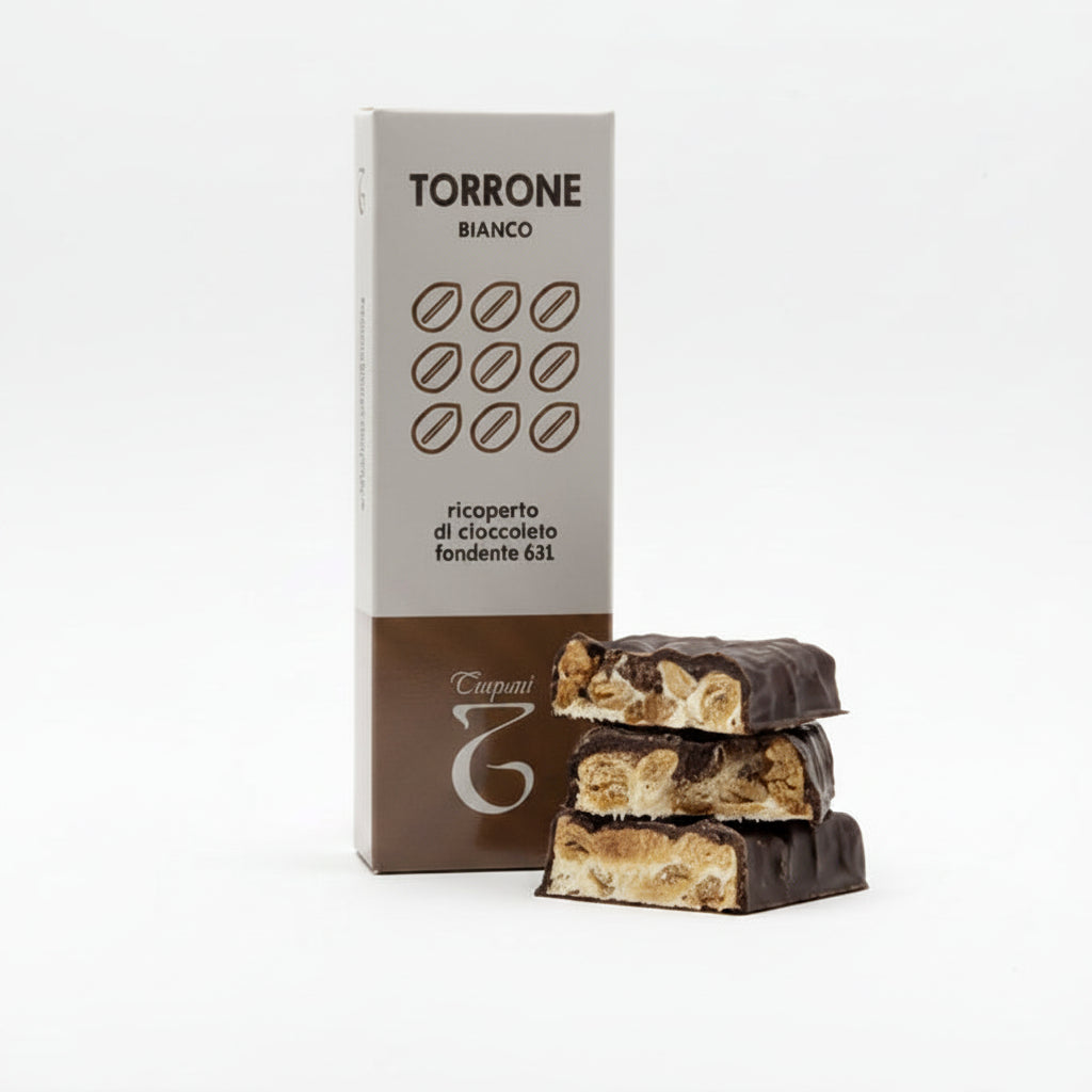 Torrone bianco ricoperto di cioccolato fondente 68% 125 g - Trapani