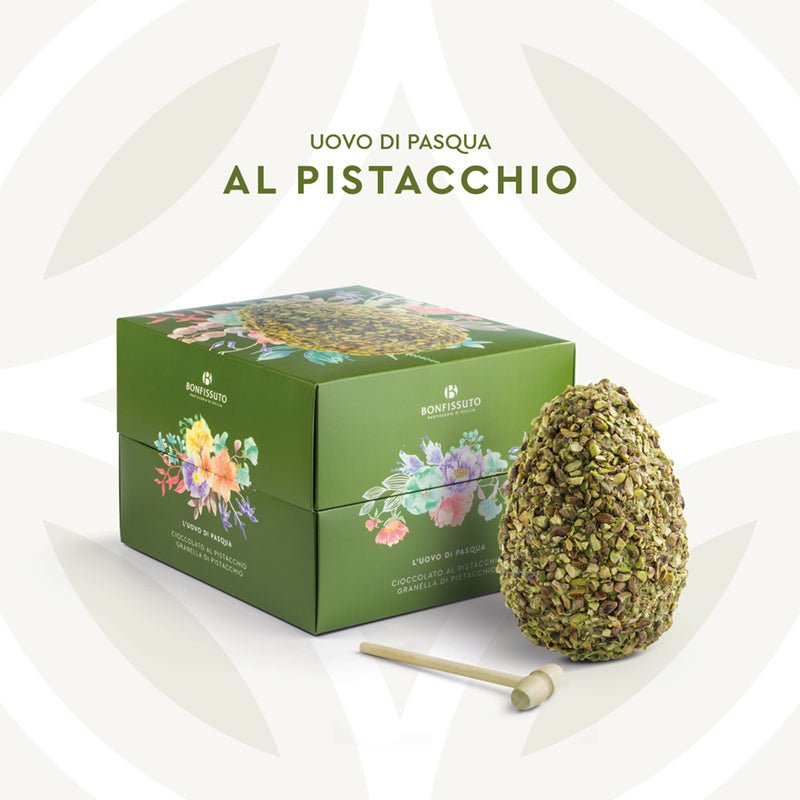 Uovo al Cioccolato Bianco e granella di Pistacchi con sorpresa, Pasticceria Bonfissuto