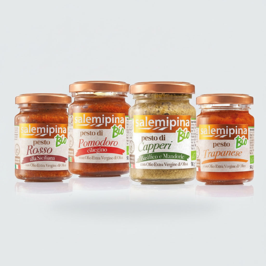 Box degustazione Salemi Pina con 4 pesti siciliani premium biologici da 90 g