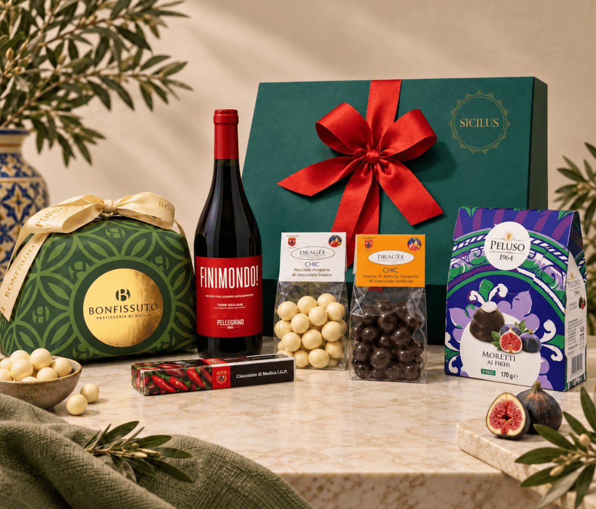 Cesta regalo Dolcezze Siciliane con specialità gourmet in ambientazione mediterranea