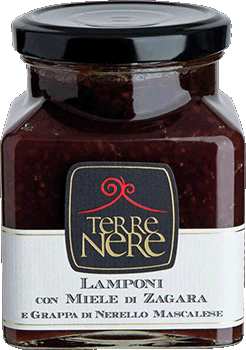 Confettura Terre Nere di lamponi con miele di zagara e grappa di Nerello Mascalese, formato 120 g – Cesta Dolci Tentazioni