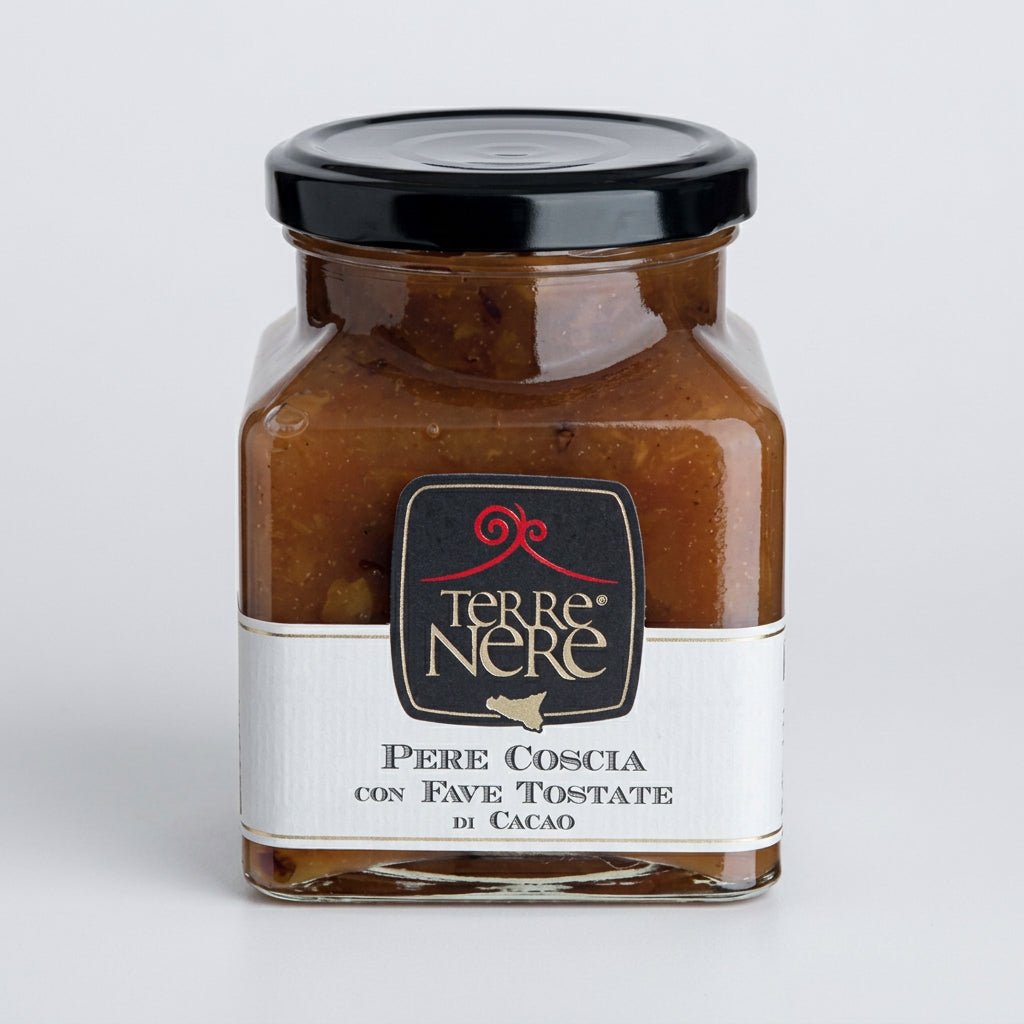 Confettura Terre Nere di pere Coscia con fave tostate di cacao, vasetto 120 g – Cesta Natalizia Modicana