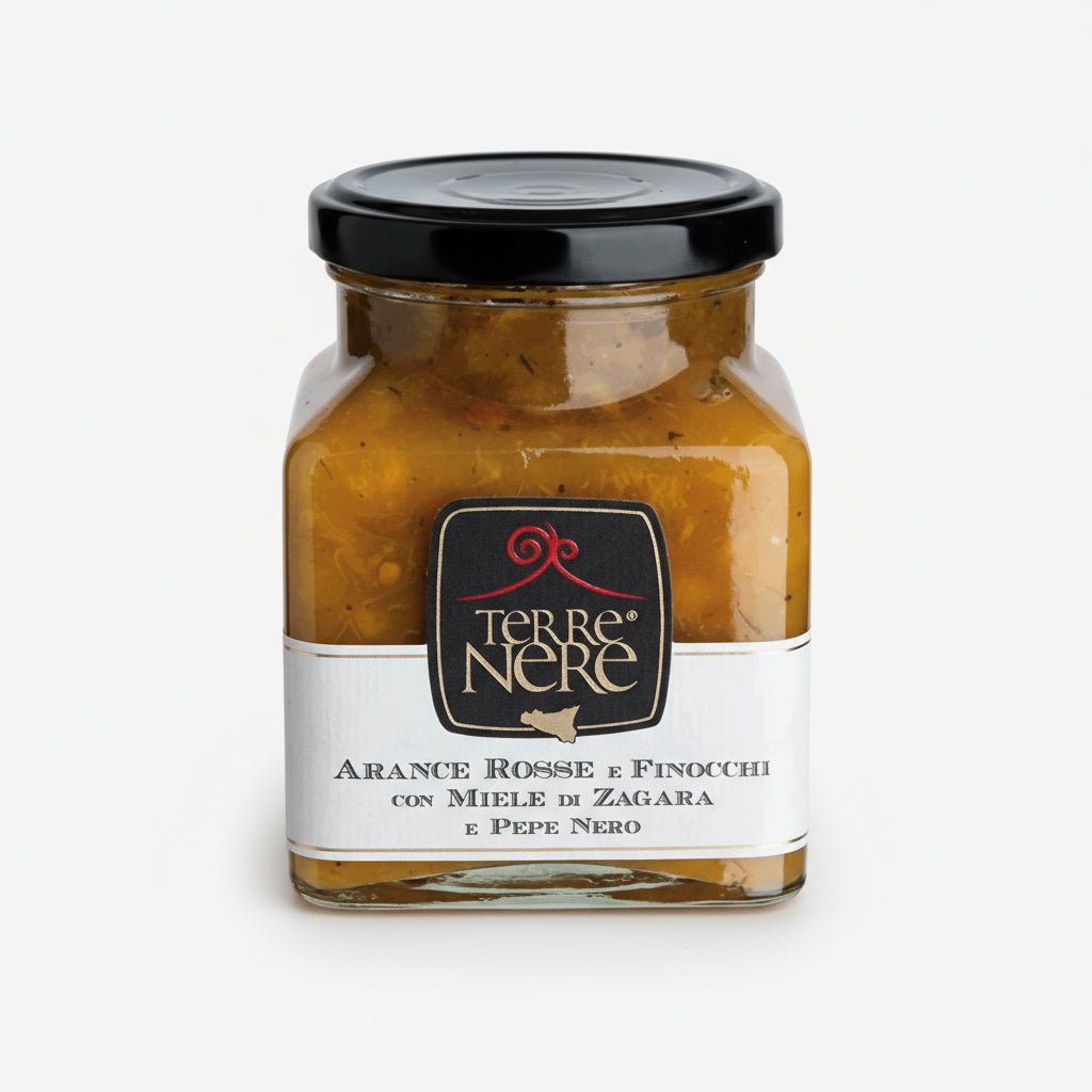Marmellata Terre Nere di arance rosse e finocchi con miele di zagara e pepe nero, referenza 240 g – Cesto Ribera Arancia