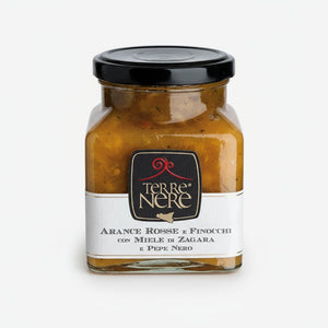 Marmellata Terre Nere di arance rosse e finocchi con miele di zagara e pepe nero, referenza 240 g – Cesto Ribera Arancia
