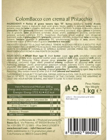 etichetta con ingredienti e valori nutrizionali di Colomba al Pistacchio Colombacco Retrò 