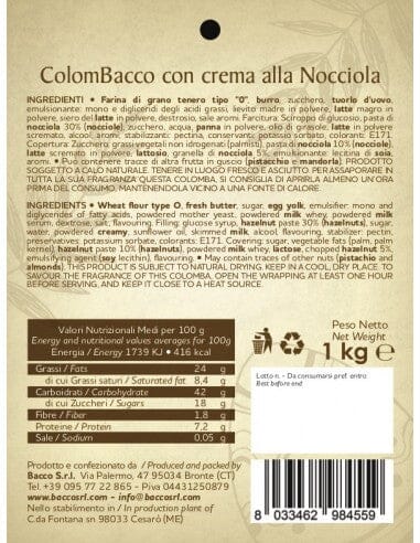 etichetta con ingredienti etichetta Colomba Colombacco retro' alla Nocciola prodotta da Bacco  , Sicilus Shop