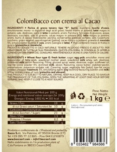 etichetta con ingredienti di Colomba Colombacco Retrò farcita al Cacao 1 Kg