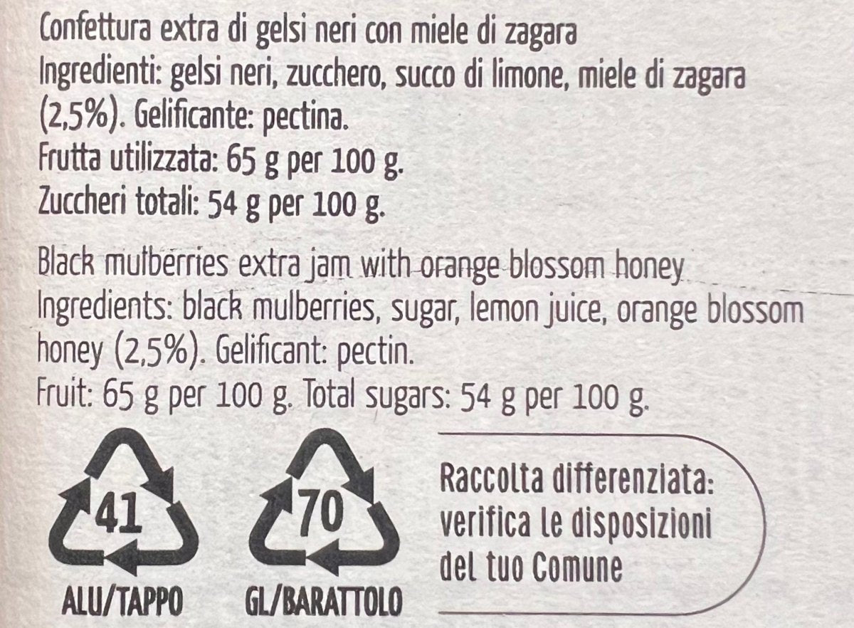 Ingredienti della Confettura Extra di Gelsi Neri con Miele di Zagara 240 g