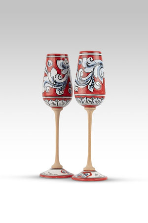 Coppia Flute Ornato Rosso Blu MuloMerrino in ceramica di Caltagirone