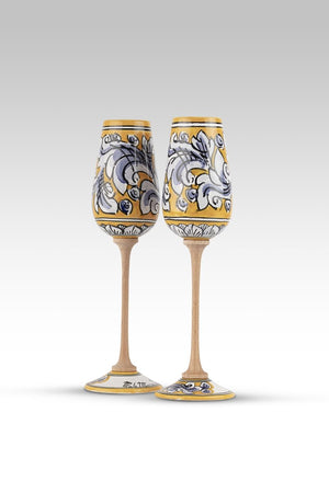Coppia Flute Ornato Giallo Blu MuloMerrino in ceramica di Caltagirone