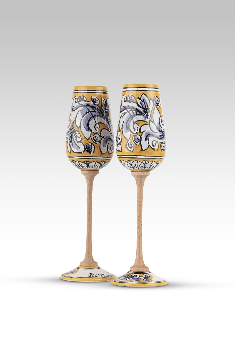 Coppia Flute Ornato Giallo Blu MuloMerrino in ceramica di Caltagirone