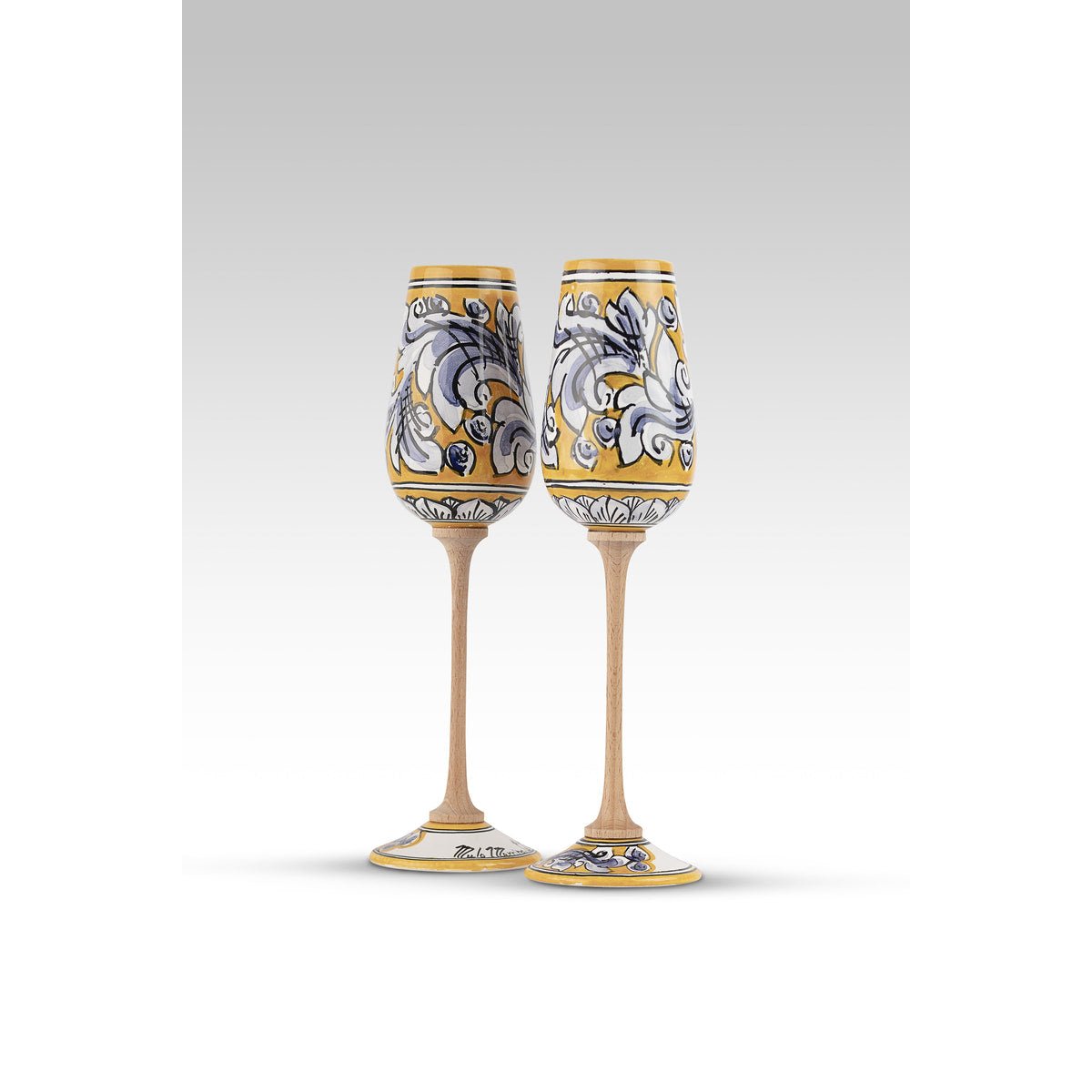 Coppia Flute Ornato Giallo Blu MuloMerrino in ceramica di Caltagirone