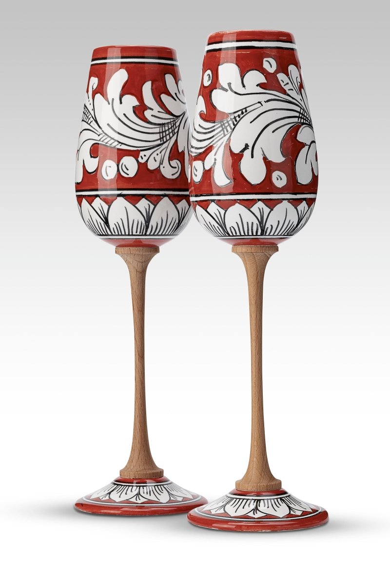 Coppia Flute Ornato Rosso MuloMerrino in ceramica di Caltagirone