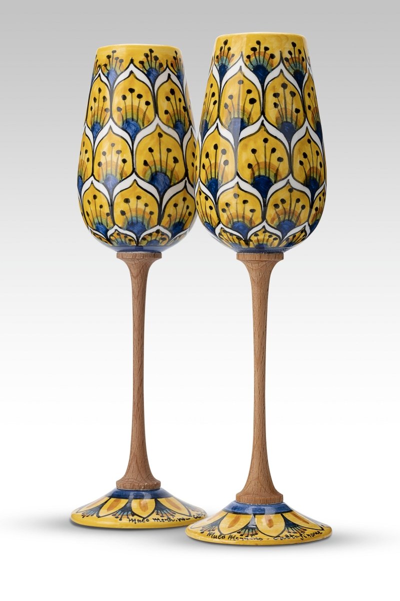 Coppia Flute Pavone Giallo MuloMerrino in ceramica di Caltagirone