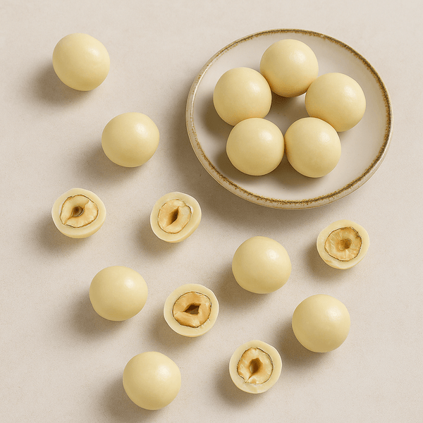 Dragee nocciola ricoperto di cioccolato bianco