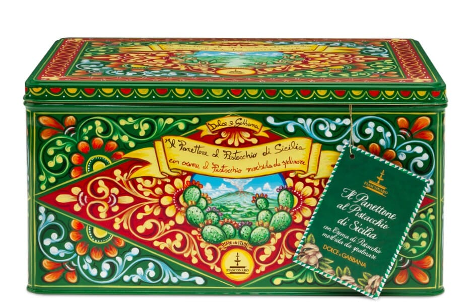 Panettone al pistacchio in latta con decorazione Dolce & Gabbana,  Pasticceria Fiasconaro, Edizione Limitata, 600 gr