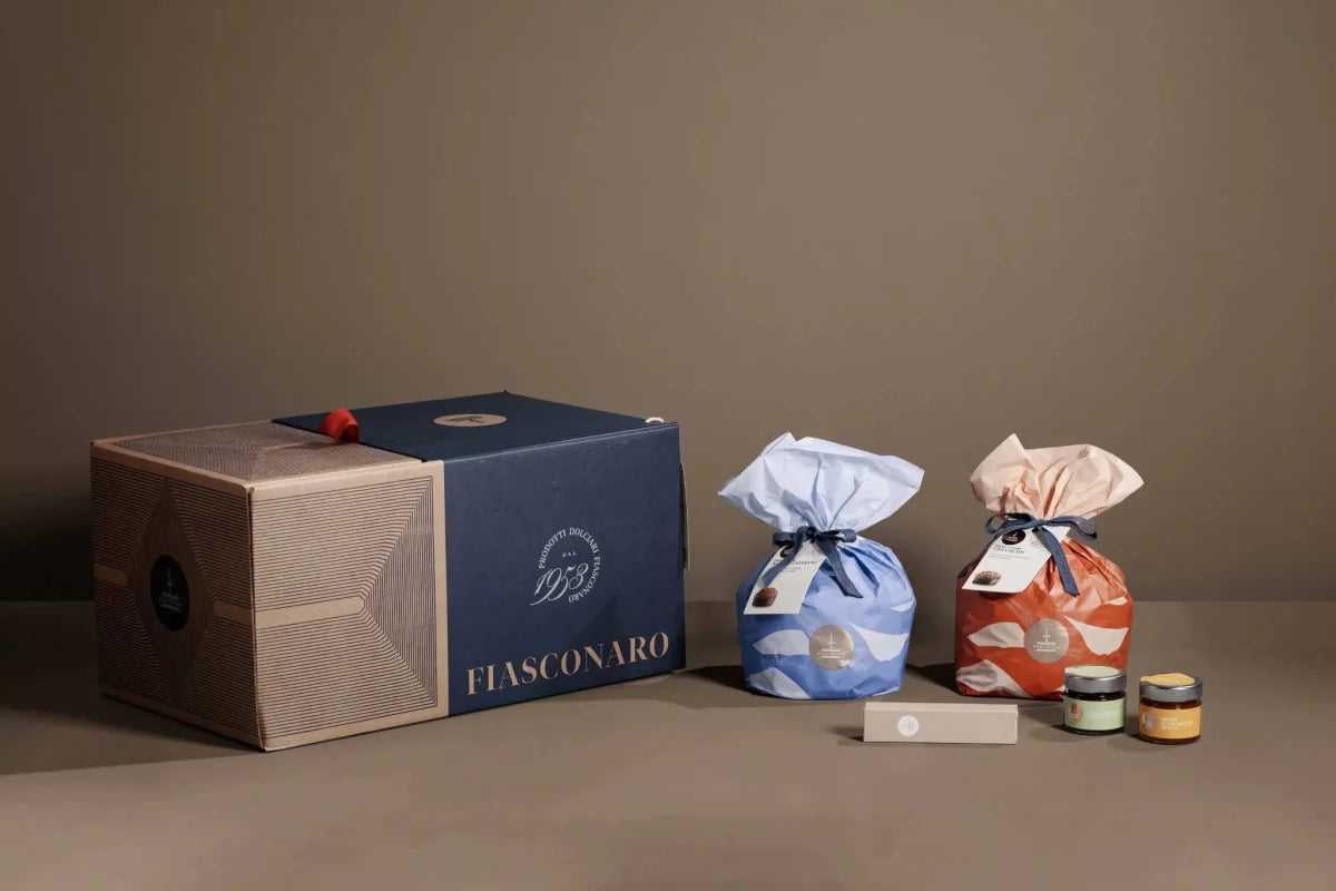 Gift Box Degustazione Fiasconaro Natale 2026 con panettoni Agrumi e Zafferano e Cioccolato, specialità in vasetto e cucchiaini