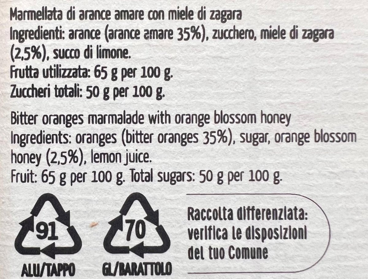 Ingredienti della Marmellata di Arance Amare con Miele di Zagara 240 g