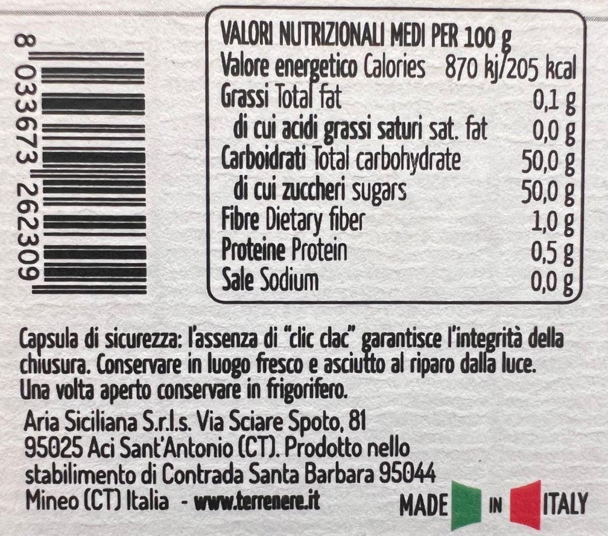 Valori nutrizionali della Marmellata di Arance Amare con Miele di Zagara 240 g