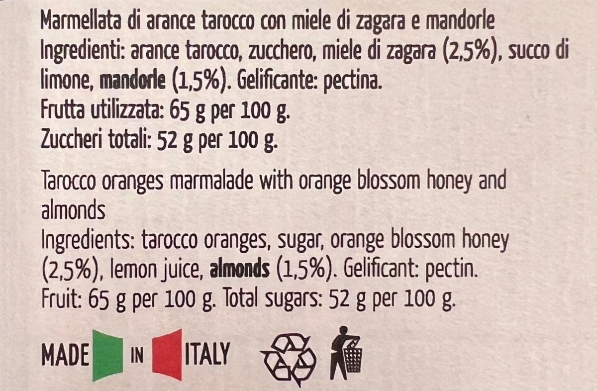 Ingredienti della Marmellata di Arance Tarocco con Miele di Zagara e Mandorle 240 g