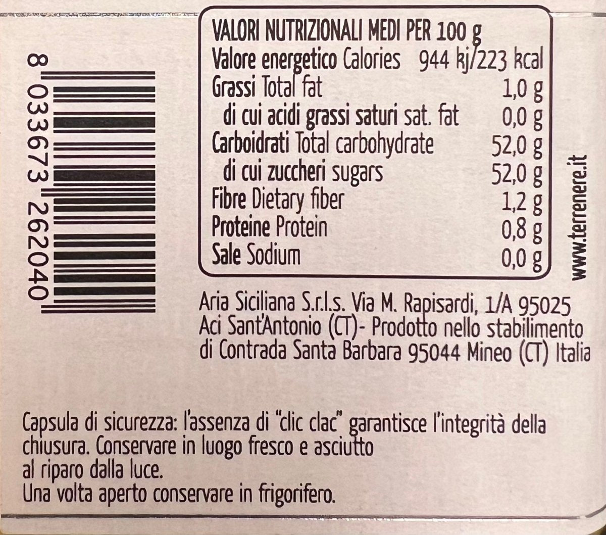 Valori nutrizionali della Marmellata di Arance Tarocco con Miele di Zagara e Mandorle 240 g