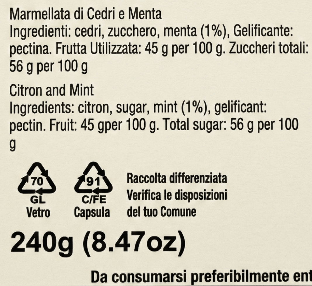 Ingredienti di Marmellata di cedri e menta, Terre Nere