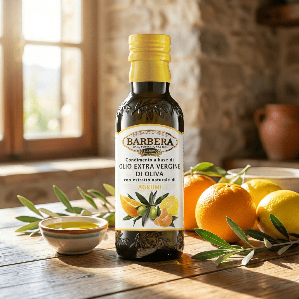 Dettaglio olio EVO Barbera aromatizzato agli agrumi 250 ml