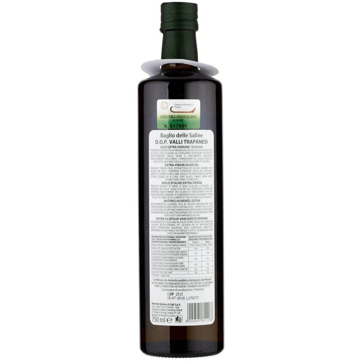 Retro bottiglia olio EVO Barbera Baglio delle Saline DOP Valli Trapanesi 750 ml