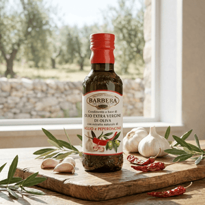 Dettaglio olio EVO Barbera con estratto naturale di aglio e peperoncino 250 ml