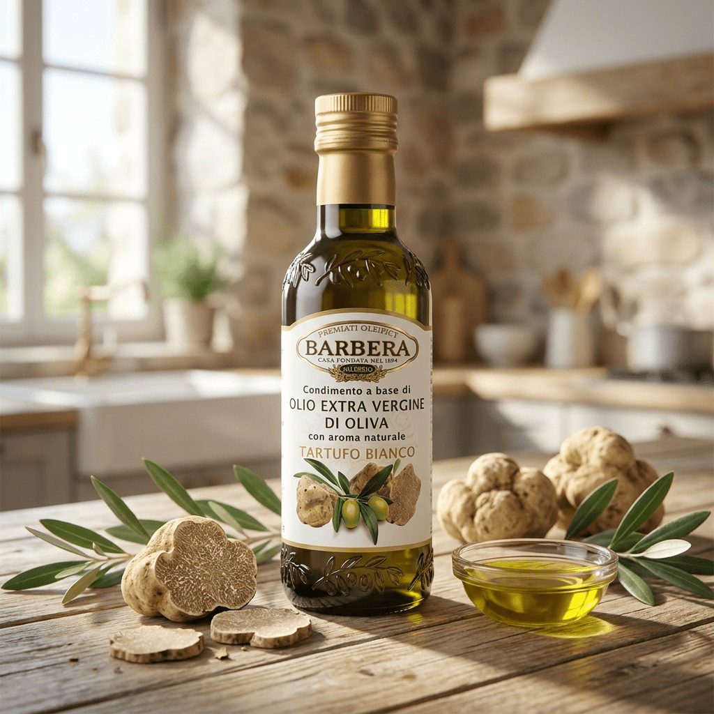 Dettaglio olio EVO Barbera al tartufo bianco 250 ml
