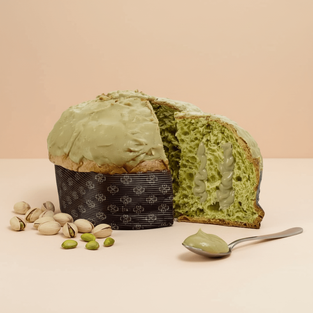 Panettone al pistacchio e tè Matcha "Squetu" con crema in sac a poche