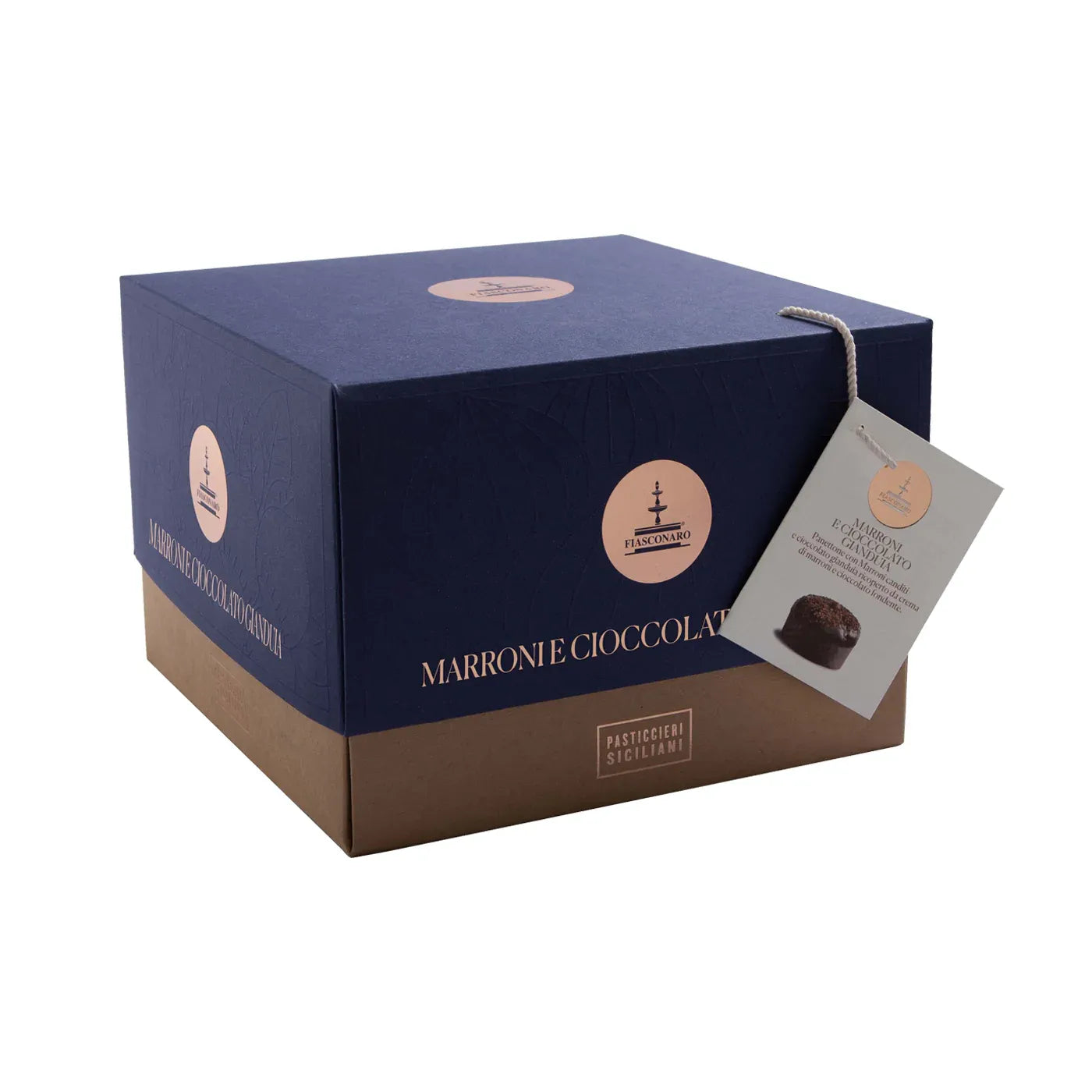 Fiasconaro panettone s kandovaným kaštanem a čokoládou gianduja, pokrytý kaštanovým krémem a polevou z hořké čokolády, 1 kg